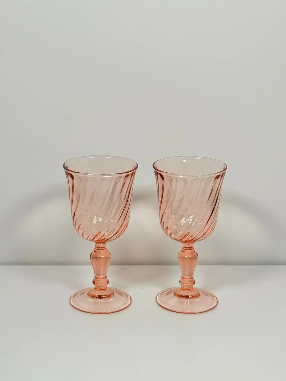 Vintage Arcoroc France Rosaline Pink Swirl Optic Stemware Goblets ~ Pair